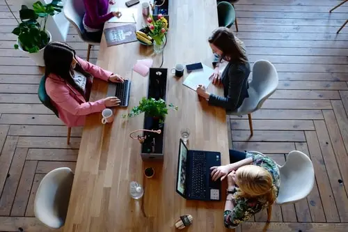 women working at desk with plants